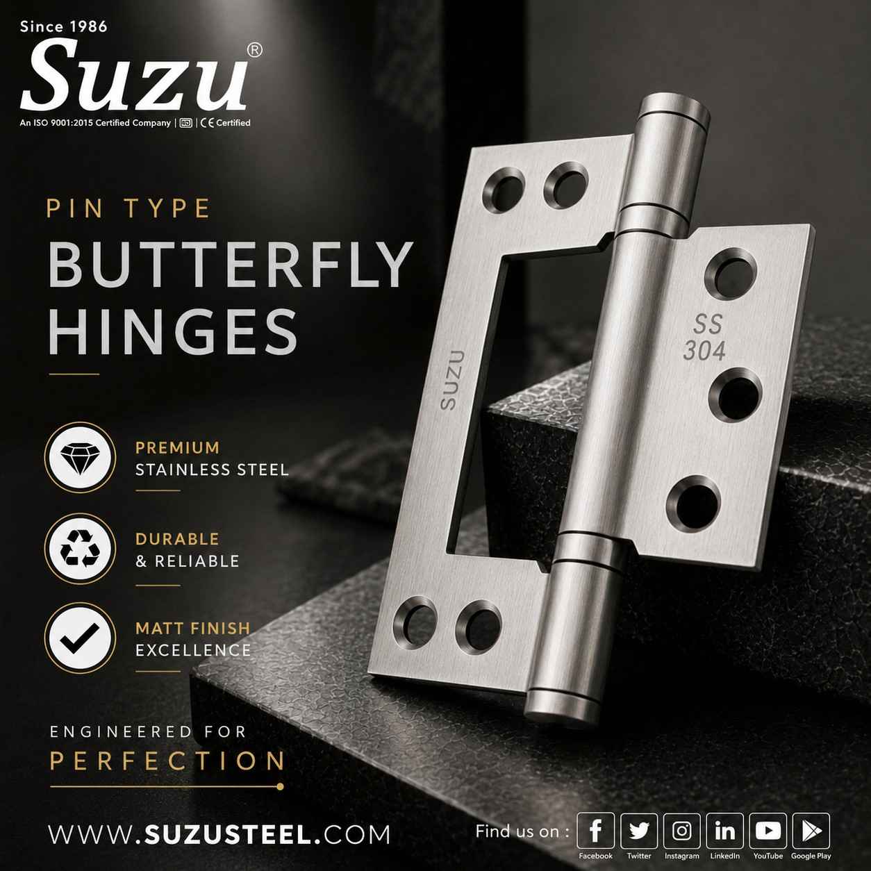 PIN TYPE BUTTERFLY HINGES S.S304 stainless steel door hinge with matt finish for smooth and durable performance